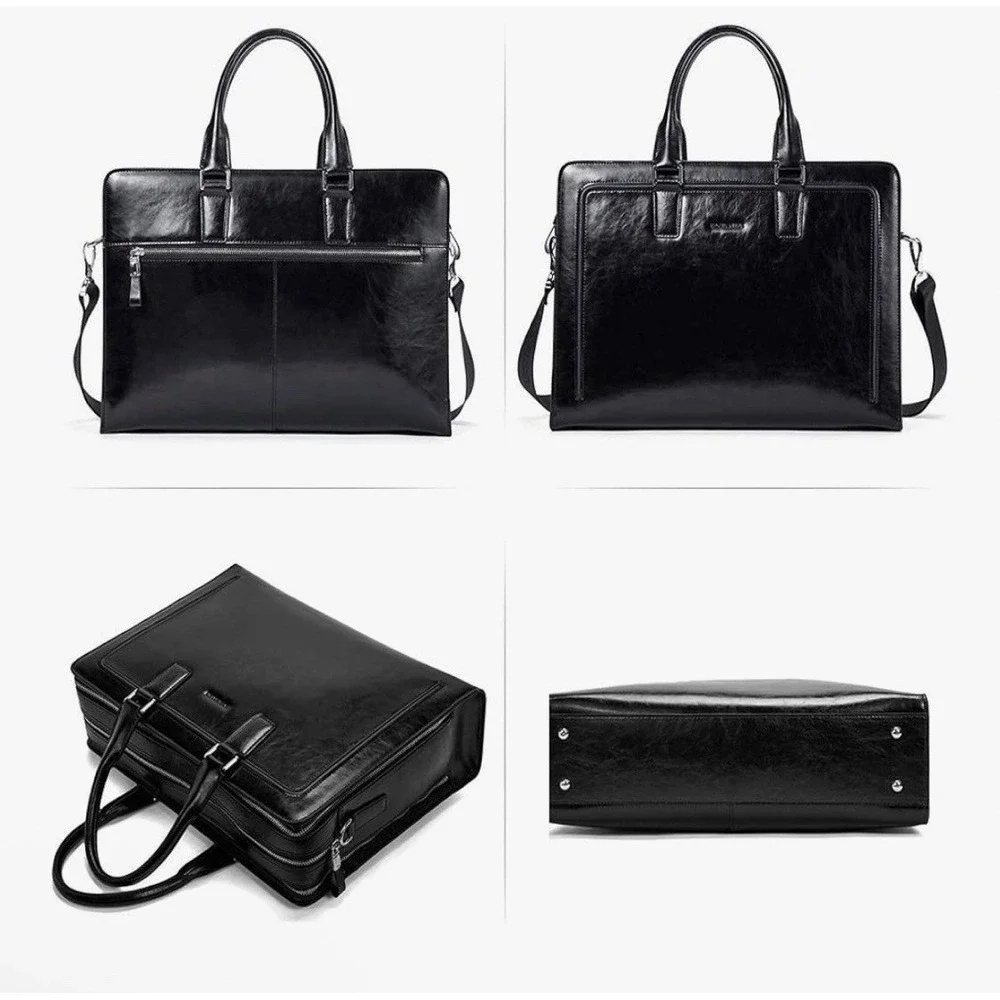 Bostanten Black Leather Briefcase Laptop Bag B1182023K-00 Business Messenger Bag